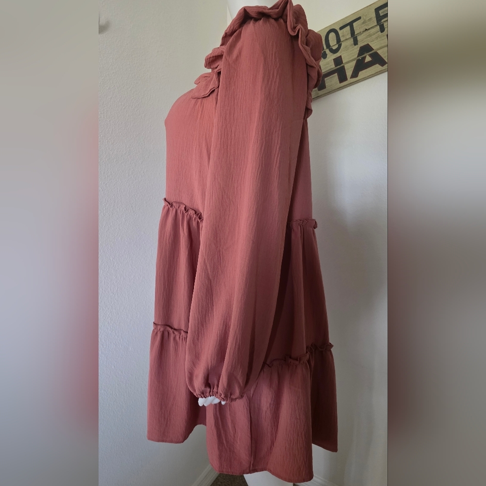 NWT Oddi Long Balloon Sleeve Knee Length Ruffled A - Line Boho Dress Size L - Picture 4 of 7